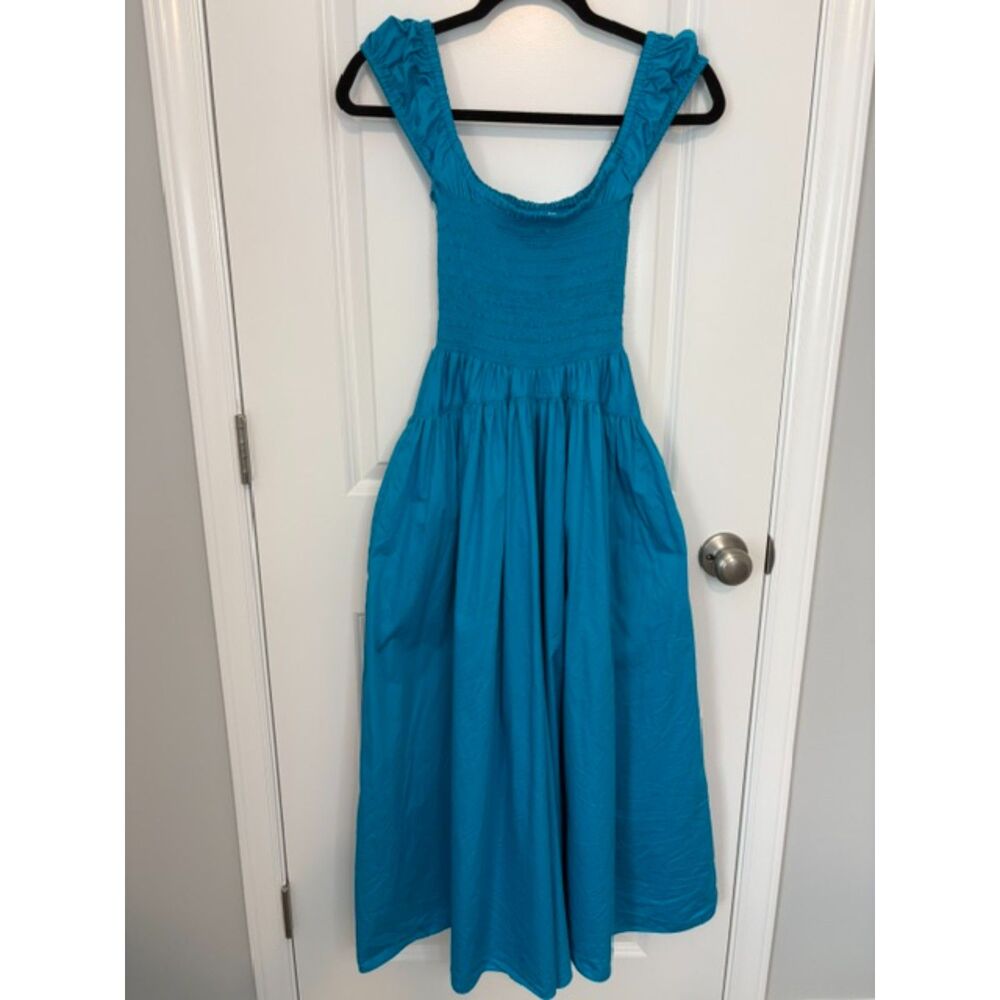 La Ligne Vivian Midi Dress XS Smocked Bodice Pockets Stretch Made in USA Blue